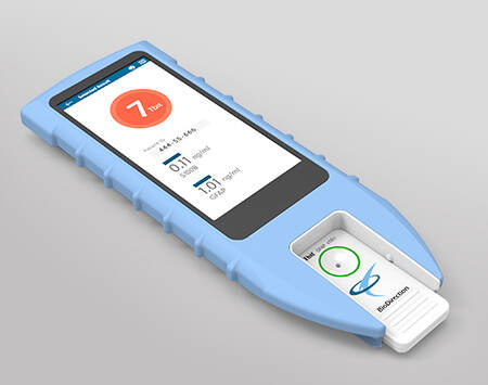 Rendering of a blue medical device with a large screen. The text on the lower part says Biodirection